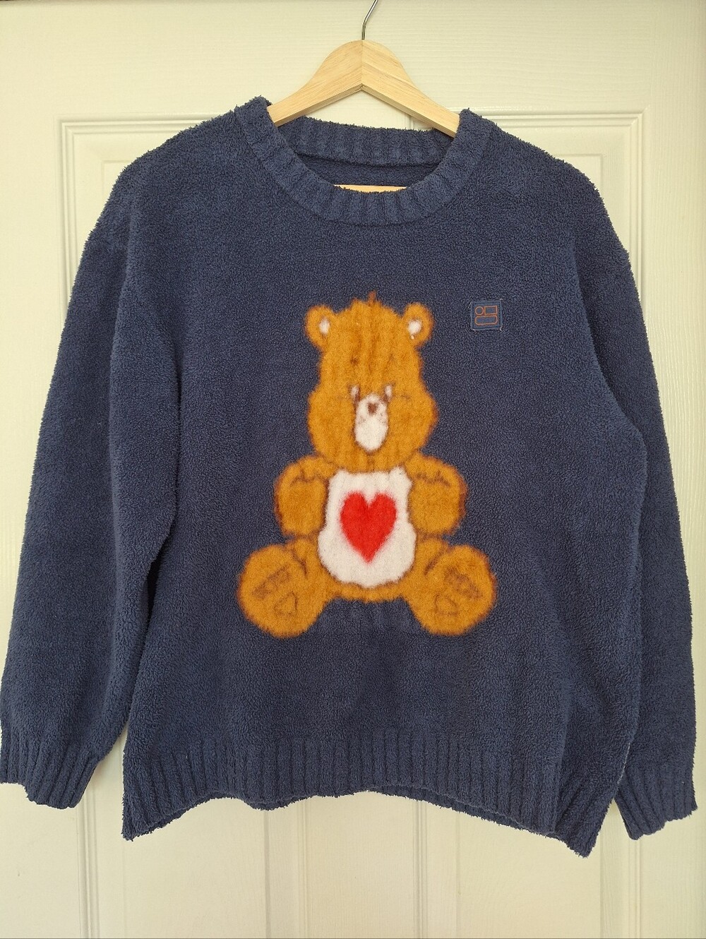 Care Bears x Bananain Fuzzy Knit Sweater Navy Blue Spellout Back Graphic M
